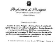 Prefettura di Perugia: il comunicato ufficiale del divieto di vendita biglietti