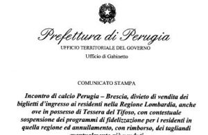 Prefettura di Perugia: il comunicato ufficiale del divieto di vendita biglietti