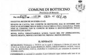 Ordinanza del Sindaco di Botticino: divieto di caccia fino a mercoledì