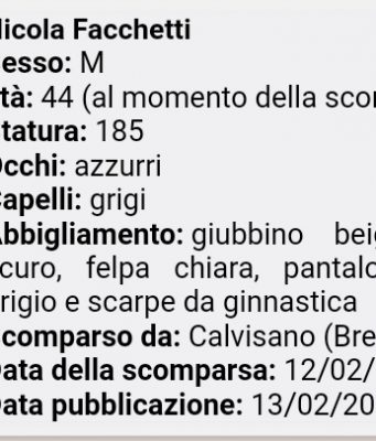 Scomparso da Calvisano Nicola Facchetti