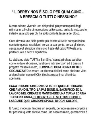 Tifosi Atalantini, “a Brescia o tutti o nessuno” . Pronti a boicottare la trasferta