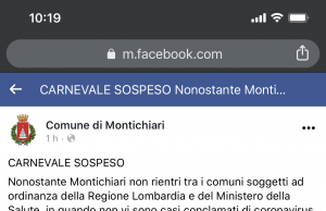 Coronavirus, anche Montichiari sospende il Carnevale previsto oggi pomeriggio