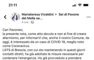 Il Coronavirus è arrivato anche a Pavone Mella. L’annuncio del Sindaco su Fb