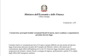 Coronavirus, prorogati i versamenti fiscali del 16 marzo. La nuova data nel prossimo Decreto