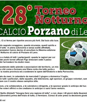 Il coronavirus cancella il Torneo Notturno di Calcio Porzano di Leno. Tutto rinviato al 2021