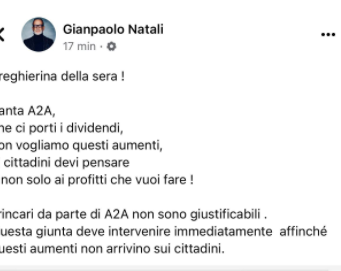 Natali, “rincari A2A ingiustificati. L’azienda spieghi il perché”