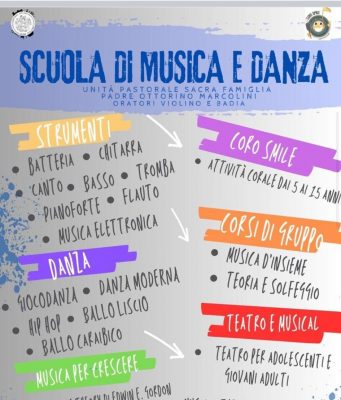 18 settembre: inizio lezioni di musica e danza agli oratori violino e badia