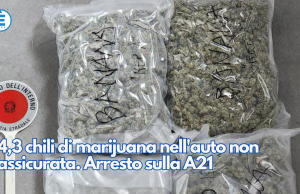 4,3 chili di marijuana nell’auto non assicurata. Arresto sulla A21