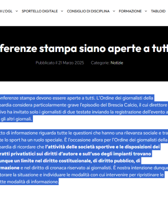 Brescia Calcio, dura nota dell’ OdG sulle conferenze “ad personam”