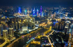 Cina: vista notturna del Fiume Haihe a Tianjin